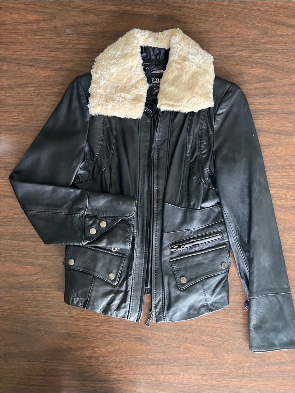 a.n.a Black Leather Jacket with Cream Faux Fur Collar